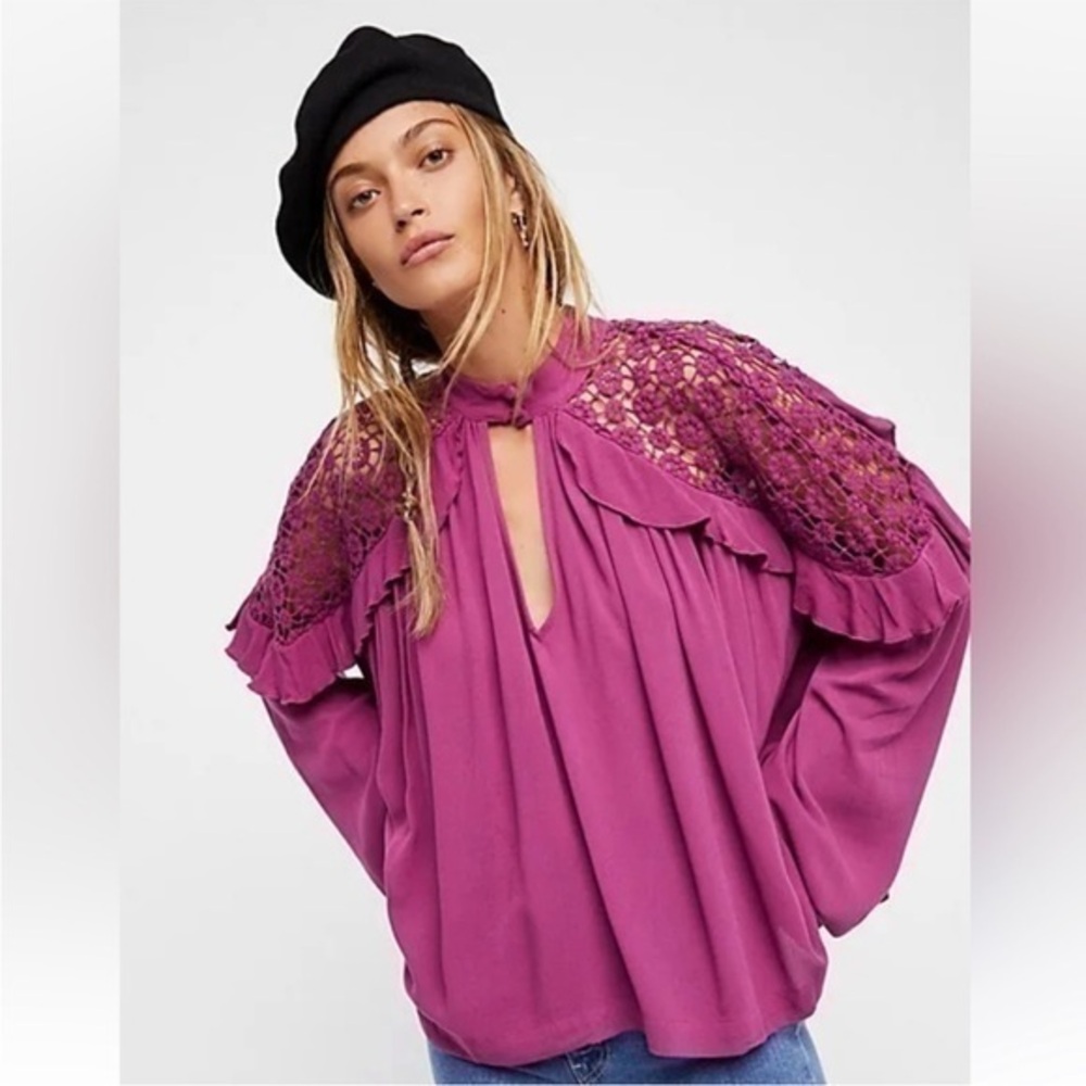Free People little bit of love crochet shoulder v neck long sleeve in raspberry